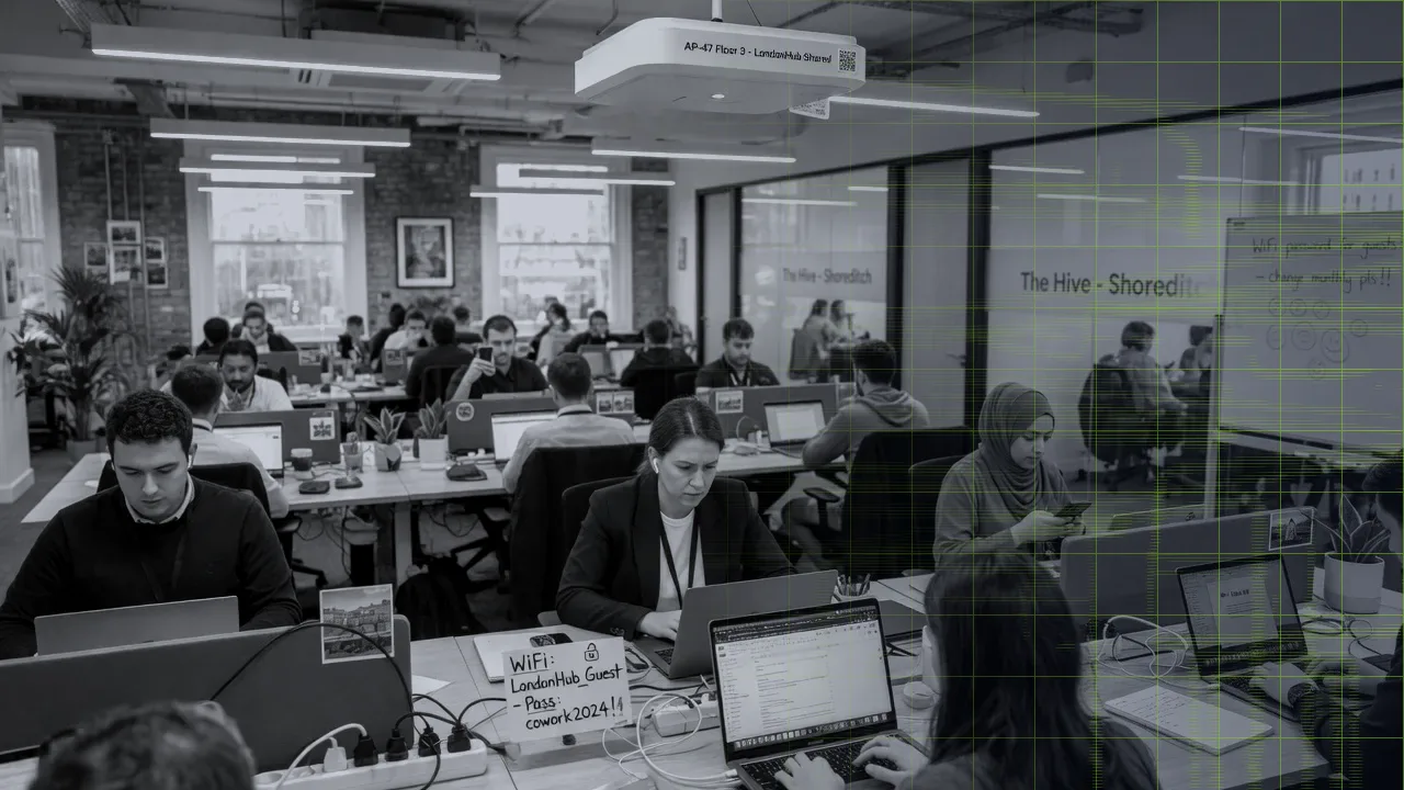 Busy London coworking space sharing one WiFi network, with the password on a sticky note