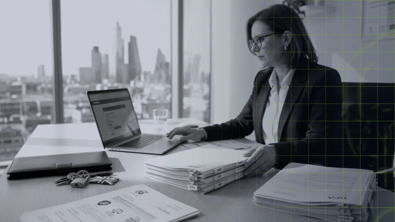 Business owner reviewing UK data protection paperwork in a London office